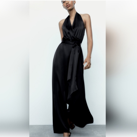 NWT Zara XS Black Satin Effect Halter Jumpsuit‎ - Picture 1 of 8
